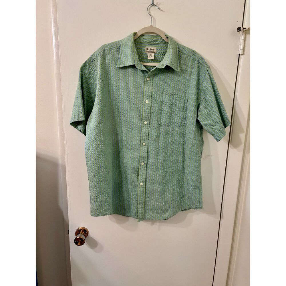 L.L.Bean Cotton Men Reg-L Seersucker Buttondown Grn/Nautical Blue Gingham Shirt